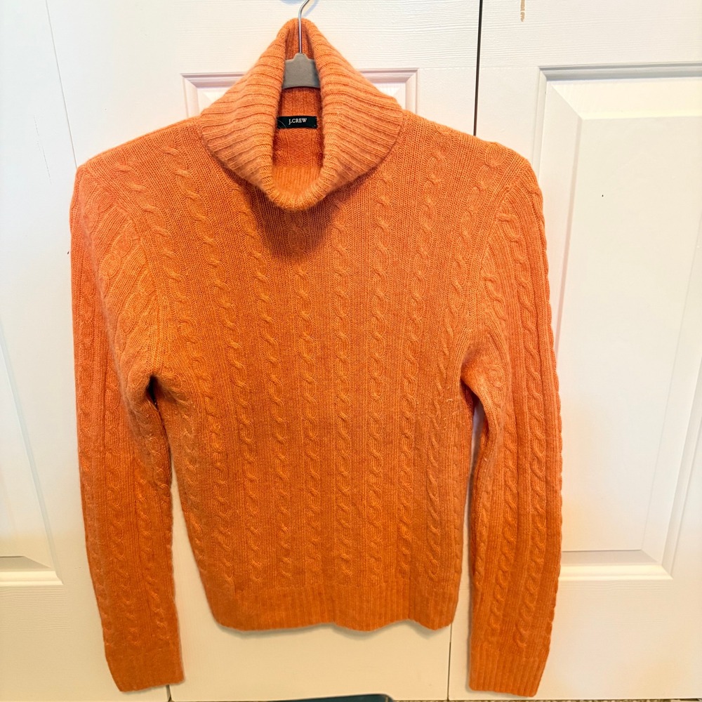 J.Crew Womens Orange Cable Knit Turtleneck Sweater Long Sleeve Ribbed Trim